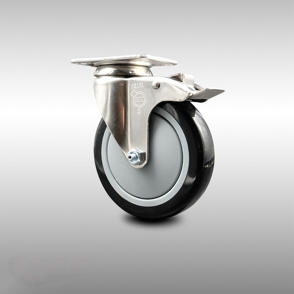 5 Inch 316SS Black Polyurethane Swivel Top Plate Caster with Total Lock Brake